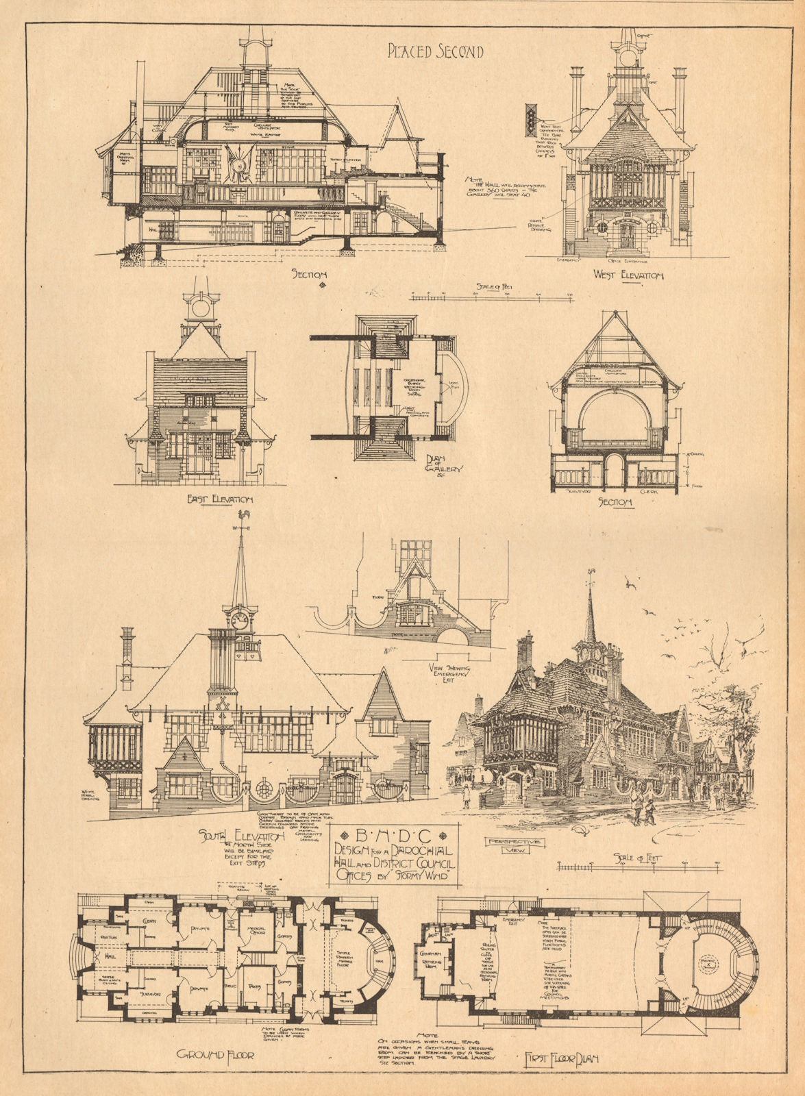 Parochial hall & district council offices design by Stormy Wind. Plan 1905